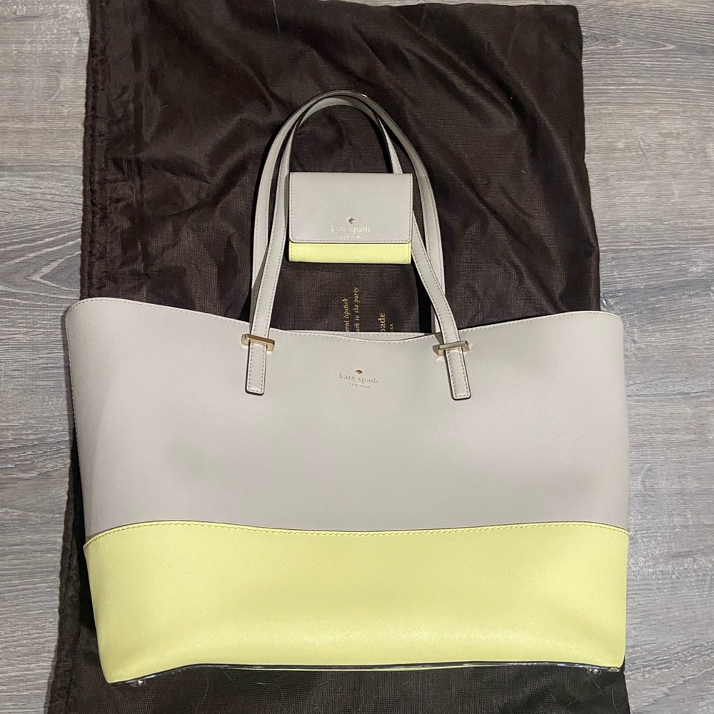Kate Spade Light Gray and Yellow Tote Bag with Matching Wallet
